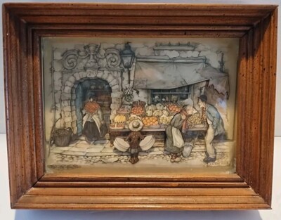 1966 Anton Pieck 3D Shadow Box Art Wall Hanging Fruit Market Store Front 6x8 NY