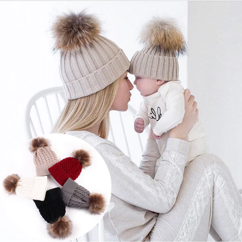 Mother & Child Baby 2PC Winter Warm Knitted Ski Cap Fur Pom Pom Beanie Hat