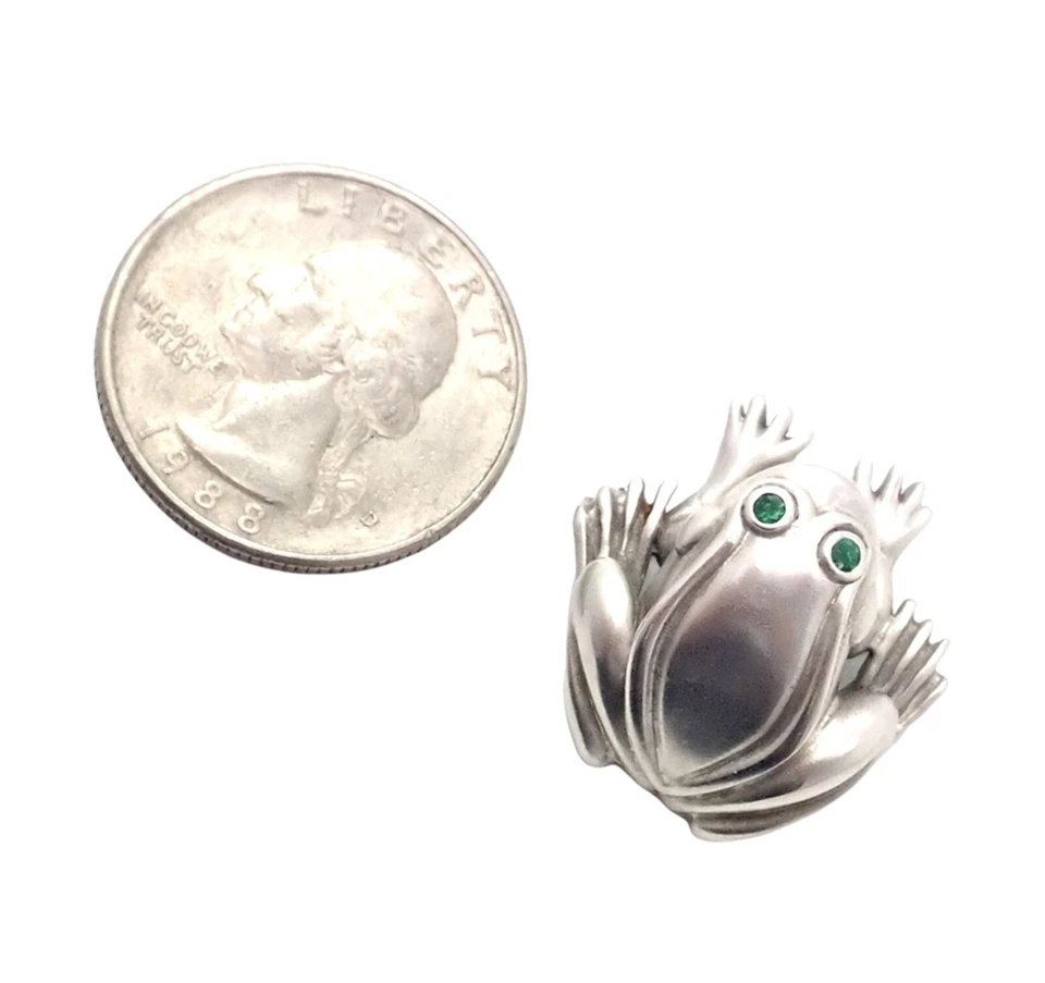 Rare! Authentic Kieselstein Cord 18k White Gold Frog Emerald Brooch 1998 - Image 4 of 4
