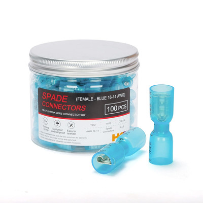 100PCS Female Spade Connector Blue 16-14 AWG - Heat Shrink Electrical Quick Disc