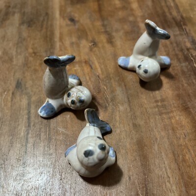 Set Of 3 Vintage Alaskan Clay Miniature Baby Seal Brown White Blue 2 