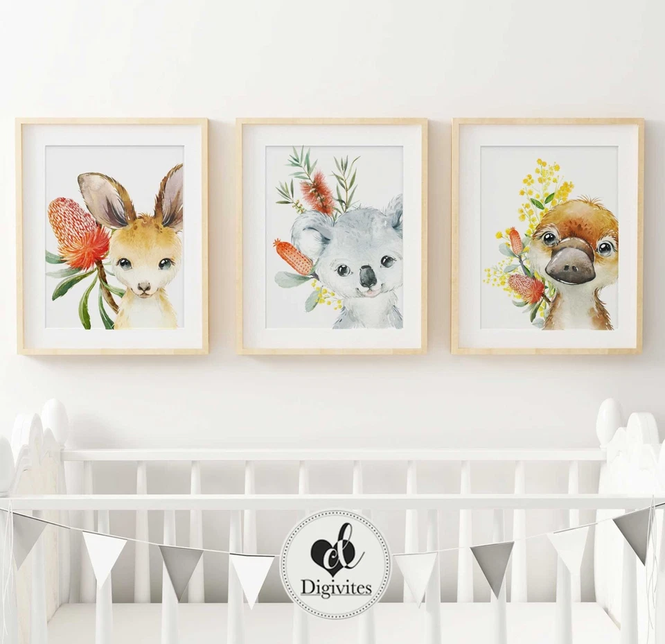 Baby Nursery Wall Art Prints Australian animals Koala, Kangaroo, Platypus 3 set