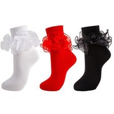 MKYSZLT Soft Women Big Ruffle Ankle Socks 9-11, 3 Pairs - White, Red, Black