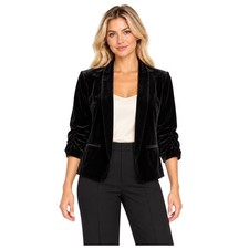 Eliza J Black Velvet Ruched Sleeve Open Front Blazer Small EJ0M0258