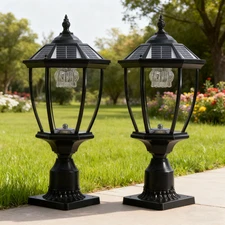 2 Pack 20" Black Solar Post Light Dusk To Dawn Outdoor Pillar Lamp with Remote