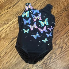 Destira Gymnastics Leotard, Butterlies, Child Large, CL, YL, Black Pink, GK