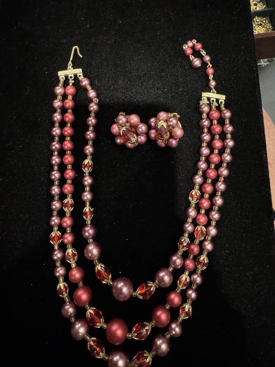 Vintage Exact Japan Matching Red Beaded Necklace And Earrings View 2