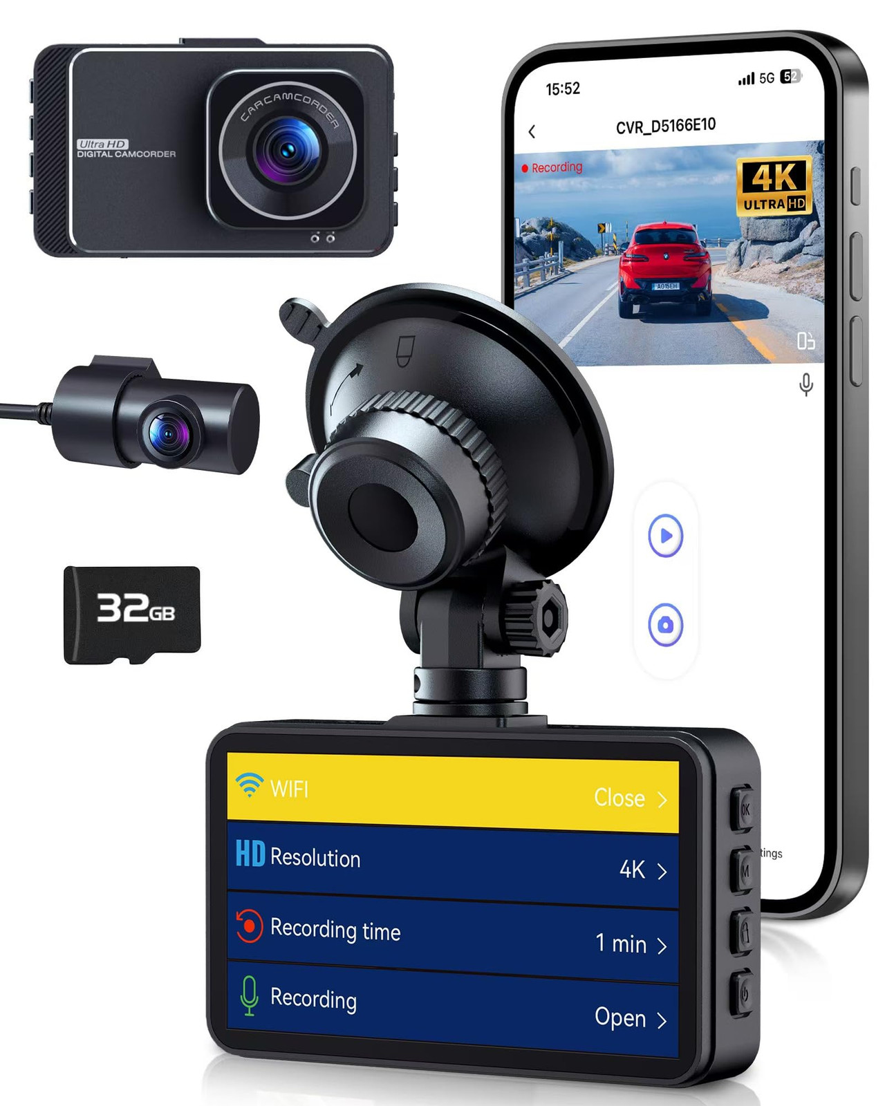 PGYIOO 4K Front and Rear Dash Cam with 175° Wide Angle Ultra HD Car Camera