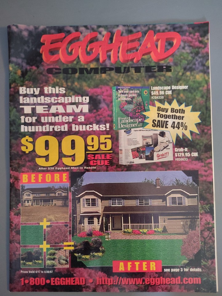 A 1997 Egghead Software store flyer — pure 90s tech nostalgia on paper, capturing a moment when CD-ROMs were king and big-box software retail was everything.