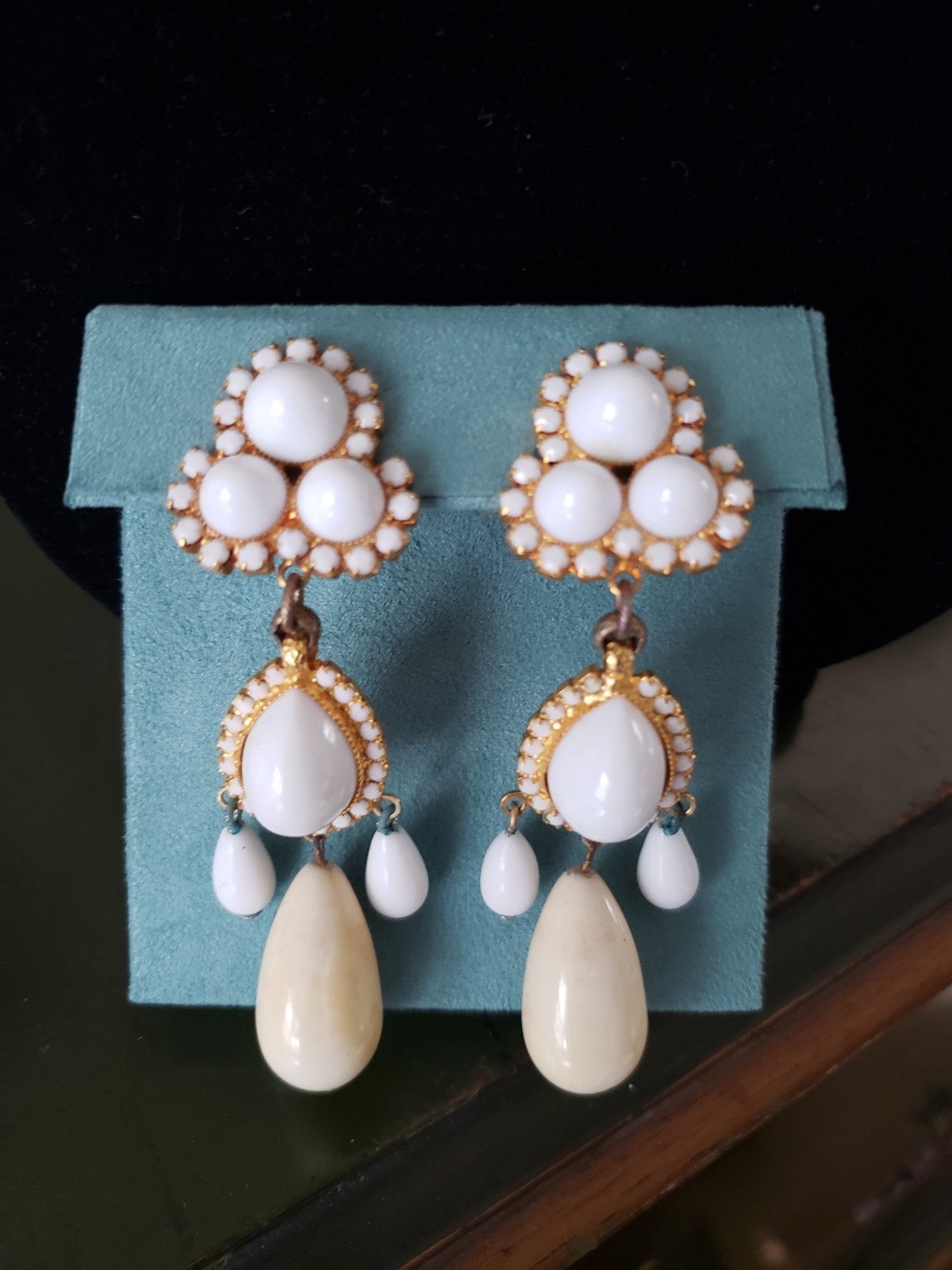 Rare William DeLillo Vintage 70s White Milk Glass Chandelier Earrings Signed