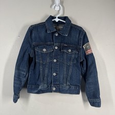 Polo Ralph Lauren Boys Denim Trucker Jacket Classic Blue Flag Patch Sz 6 Youth 