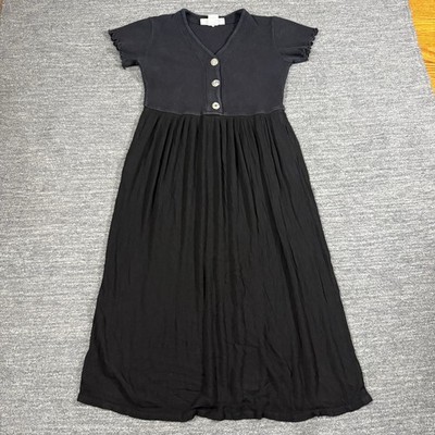 VTG 90s Barbara Lesser Dress Large Black Art Buttons Crinkle Skirt Midi Pockets