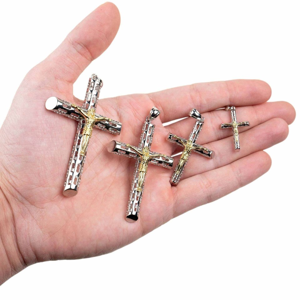 Mens Ladies Solid 925 Silver 14k Gold Plated Cross Jesus Crucifix Piece ...