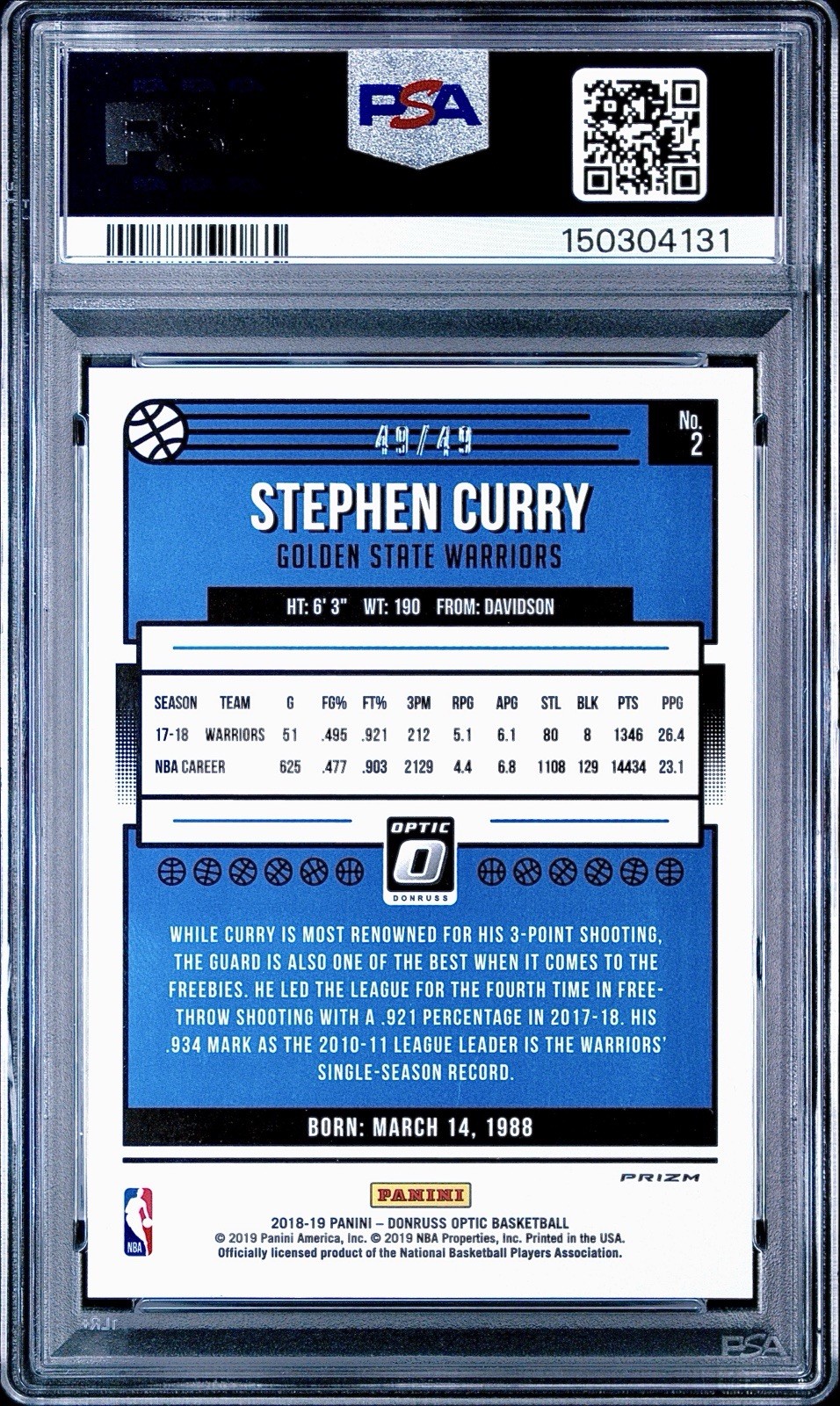 Stephen Curry PSA 9 - 2018 Optic #2 BLUE PRIZM 49/49 - GS Warriors - BOOKEND view 2