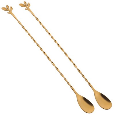Cocktail Spoon 12 Inch Gold 2 PCS Stainless Steel Leaf Handle Mixing Long Stir