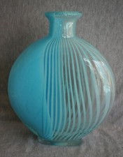 Murano Style ART GLASS Aqua Blue Striped VASE - 10" - Handblown Polished Pontil