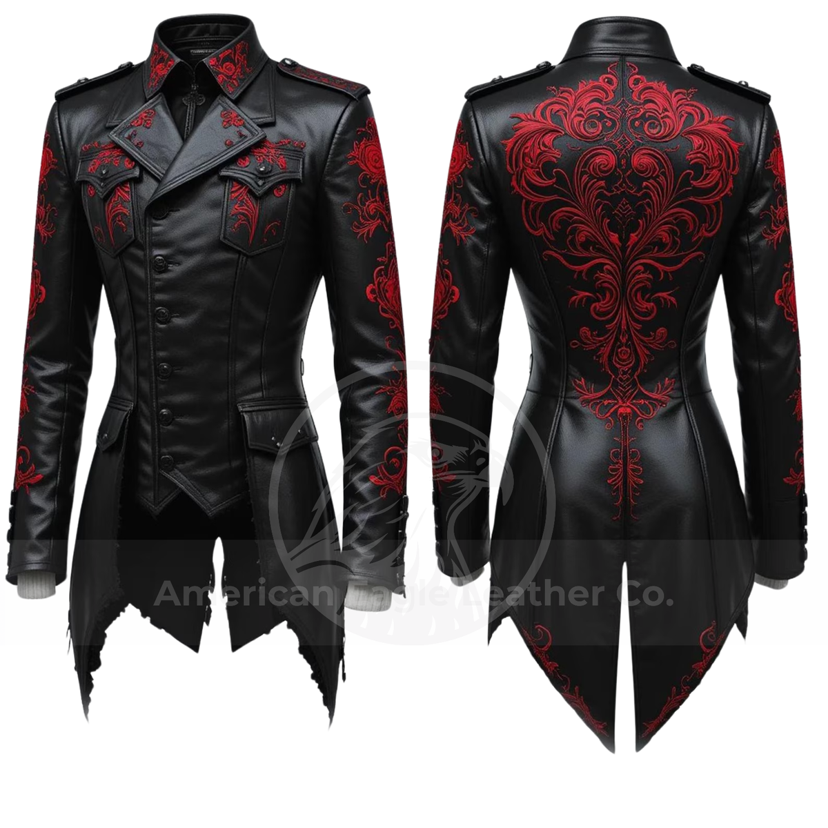 Gothic Dragon Leather Jacket Black Red Embroidery Steampunk