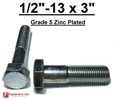 1/2-13 x 3" Hex Bolt Zinc Plated Grade 5 Cap Screw Coarse Partial Thread