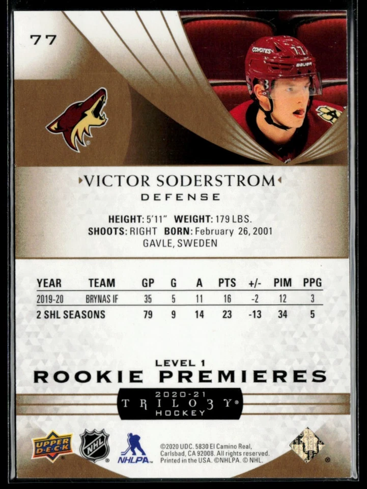 2020-21 Upper Deck Trilogy Victor Soderstrom RC 498/999 #77 - Image 2 of 2