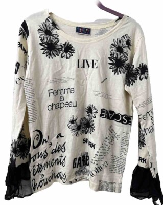 VTG 90s Priority Woman s M Cotton Long Sleeve Graphic Script Whimsigoth Top Read