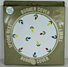 Vintage Stove Eye Burner Cover Trivet Flowers Blue Yellow Red Enamel Metal NEW