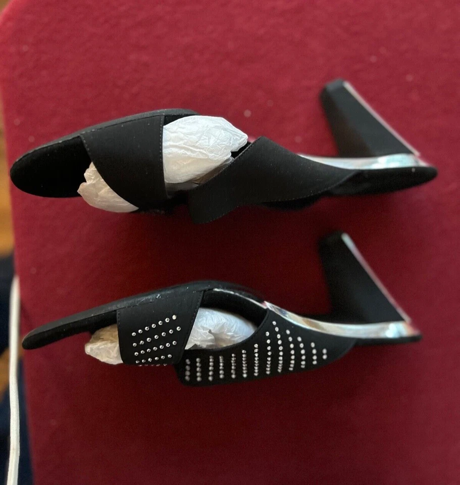 Onex Negro Cromo Plateado Elástico Cuña Cuña Tacones Italia 8.5 39 Tachonado Foto 4 de 4