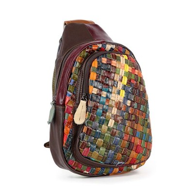 Genuine Leather Woven Crossbody Sling Bag Women Multicolor Boho Backpack Purse