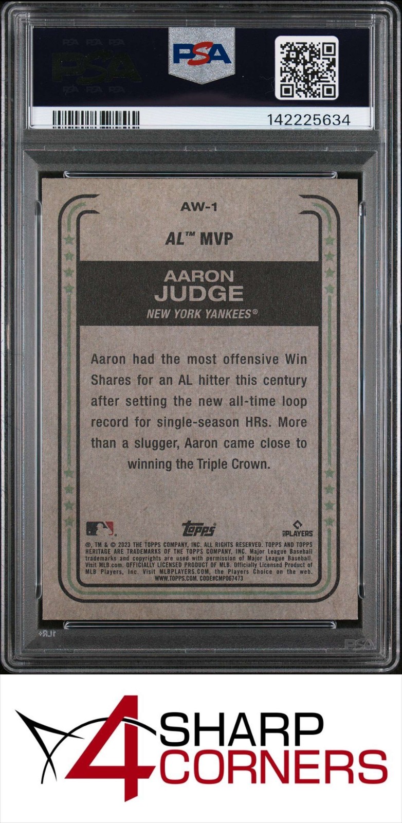 2023 TOPPS HERITAGE HIGH NUMBER AWARD WINNERS #AW1 AARON JUDGE POP 5 PSA 10 view 2