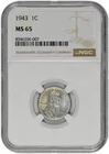 1943 1c Lincoln Steel Wheat Cent NGC Graded MS 65 with Toning