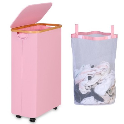 Pink 75L Laundry Basket Wheels Hamper Lid Inner Bag Bedroom Dormitory Storage