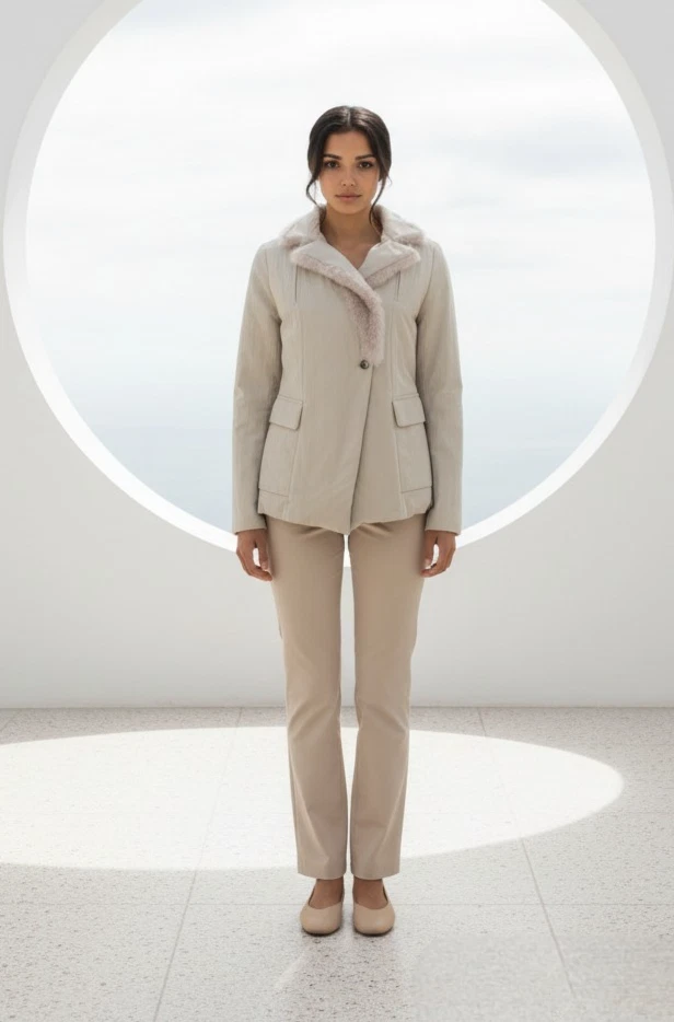 Brunello Cucinelli — Brunello Cucinelli Beige Down Jacket Puffer Coat Sheepskin Fur Collar S US 4