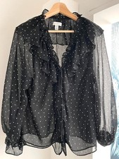 Topshop black sheer blouse – UK 10, polka dot with frill details