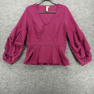 Allison Joy Blouse Top Womens L Blue Red Check V-Neck Casual Classic Boho Barn