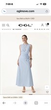 OGL Women’s Blue Solid Sleeveless Crew Neck Stretch Tie Waist Midi Dress XS