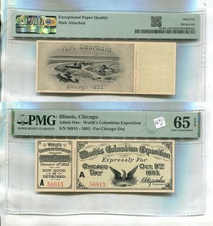 1893 COLUMBIAN EXPOSITION CHICAGO DAY TICKET PMG SUPERB GEM CU 65 6691T