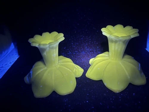 Vintage UV Glow Westmoreland Milk Glass Lotus Flower Candlesticks Pedestal Set 2