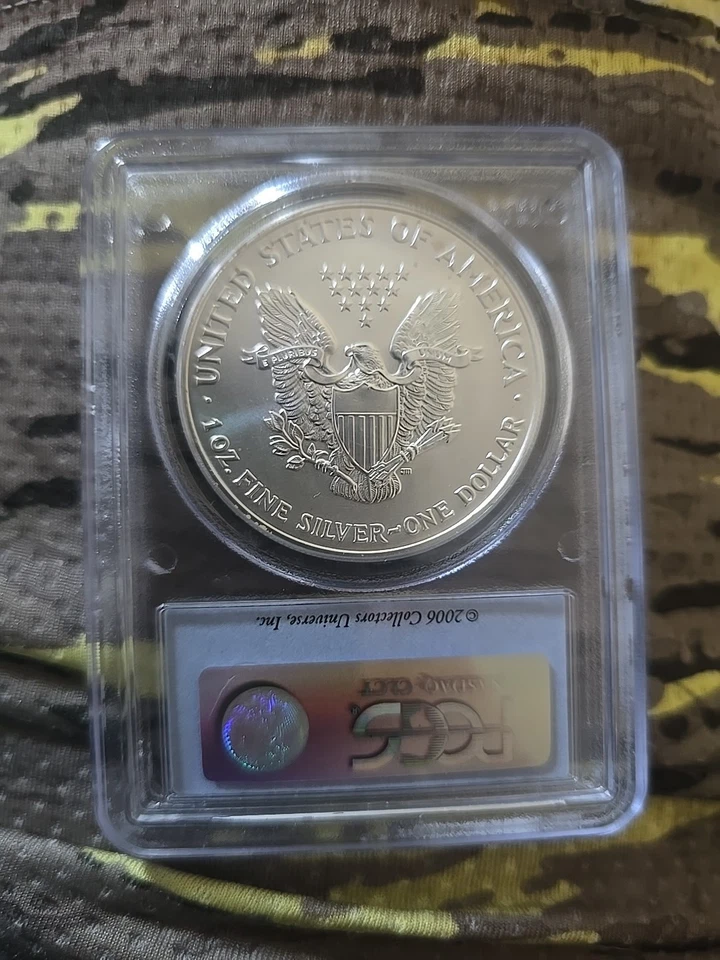 2006 $1 American Silver Eagle PCGS MS69 First Strike US Flag Blue Label - Image 2 of 3