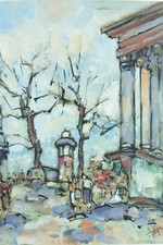 Quadro Antico Parigi Animato Posto La Madeleine Fiorista Colonna Morris Firmato