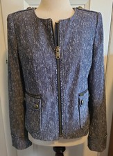 Ann Taylor Navy White Cotton Blend Tweed Zip Up Long Sleeve Blazer Size 6 EUC