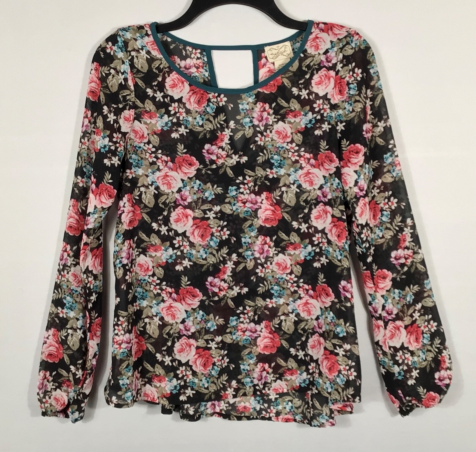 Eyelash Couture Top Womens XS Black Floral Peplum Keyhole Back Long Sleeves