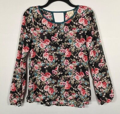Eyelash Couture Top Womens XS Black Floral Peplum Keyhole Back Long Sleeves