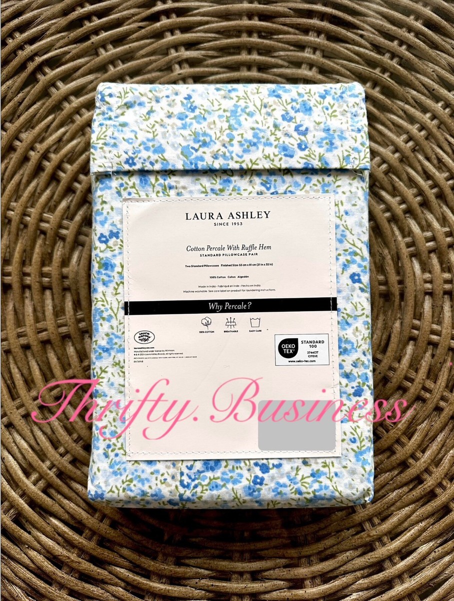 Laura Ashley 2 Standard Pillowcases Blue & White Floral w