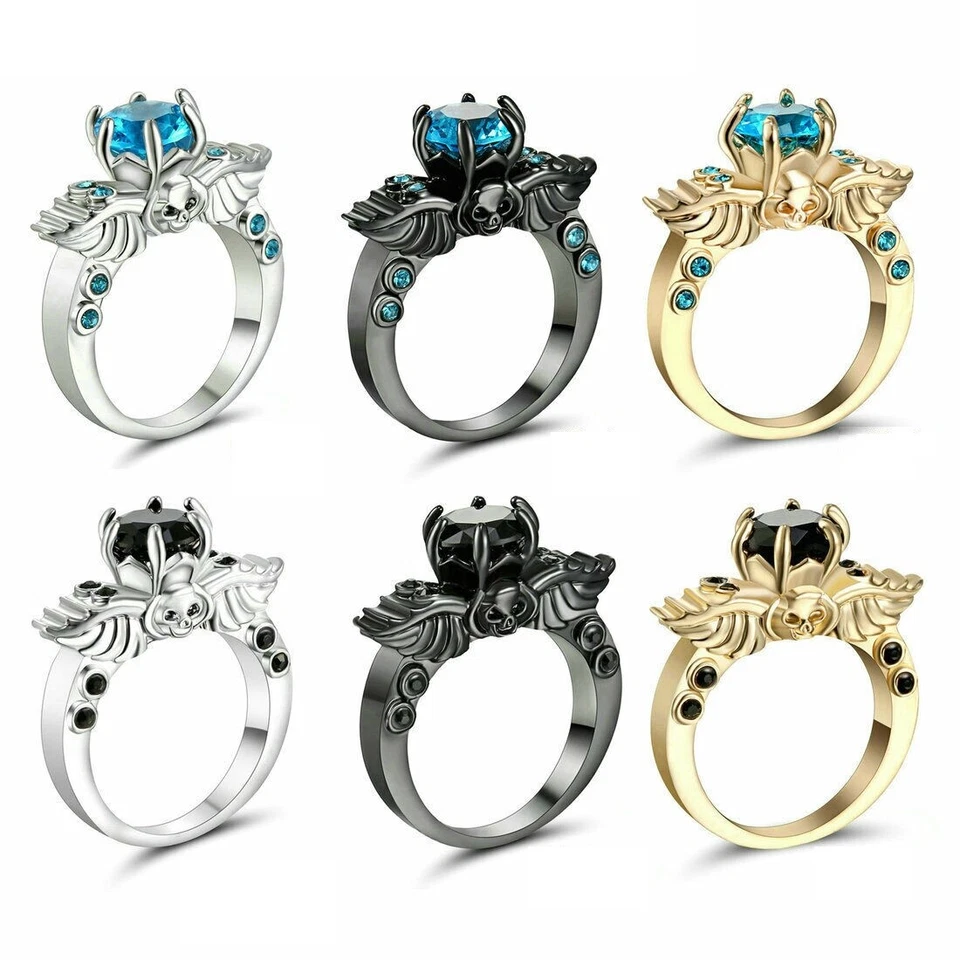 Кольцо с черепом и крылом с радужным топазом 14 карат с золотым покрытием размер США 5–11 бесплатная подарочная коробка - Изображение 4 из 4