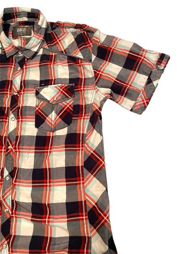 BKE Shirt Men's XXL Red Black Plaid Pearl Snap Short Sleeve Western Athletic - Picture 3 of 13