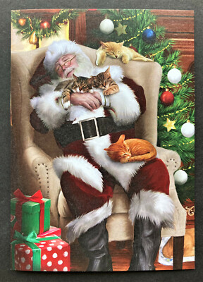 *ONE* Cat Christmas Card Santa Taking Nap  Orange Brown Tabby Tree Deluxe 1