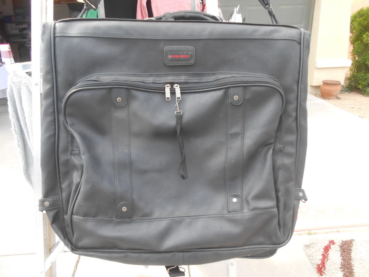 Expressions Vintage Blk Leather travel hanging Garment Bag carryon 8  compartment