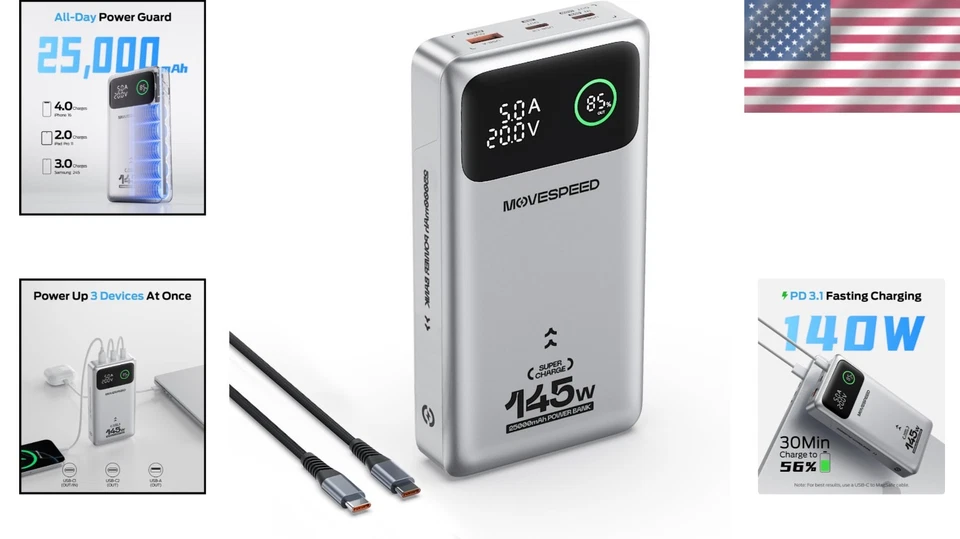 Banco de alimentación de 145 W aprobado por la TSA - Cargador definitivo de 25.000 mAh con pantalla digital Foto 2 de 4