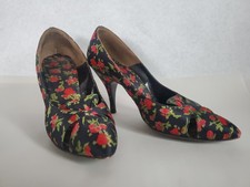 Vintage Size 5.5 AA High Heel Pumps Black Silk Red Roses
