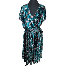 MODCLOTH Teal Velvet Floral Wrap Midi Dress Plus Size 1X Flutter Sleeve