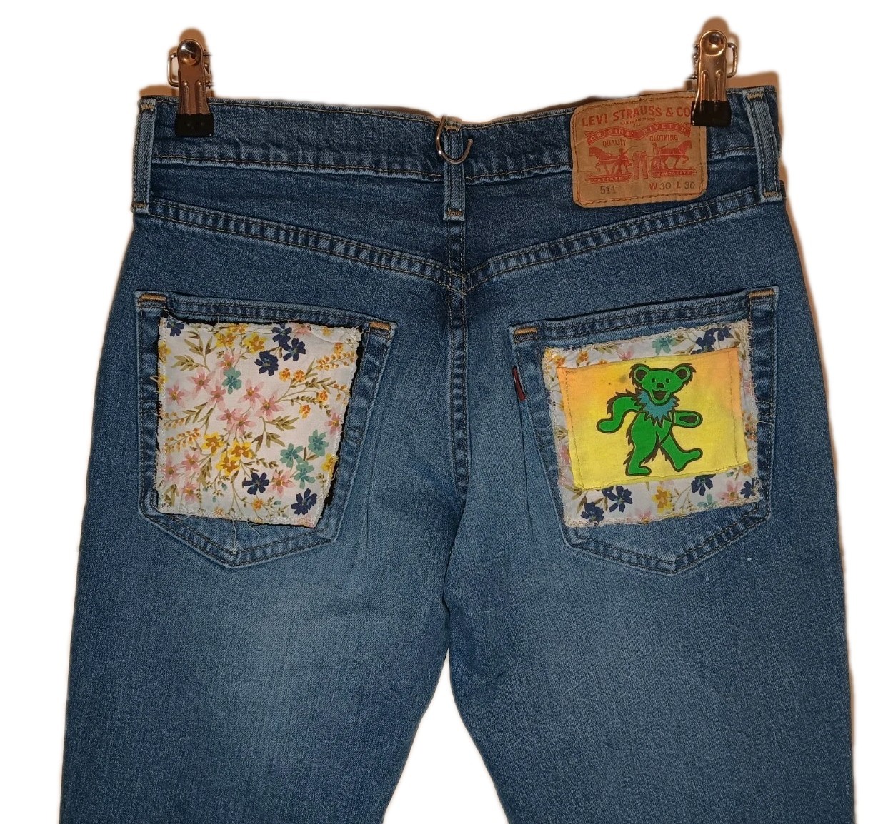 OOAK Patchwork Levi's 511 Jeans Dancing Bears Han… - image 1